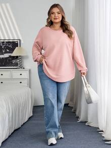 SHEIN CURVE+ 大尺碼女款休閒紋理布料寬鬆連帽衫，秋冬季 2026 22W - 藕粉色 - 查看 9