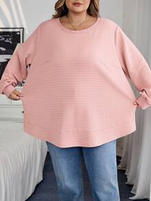 SHEIN CURVE+ 大尺碼女款休閒紋理布料寬鬆連帽衫，秋冬季 2026 22W - 藕粉色 - 查看 5