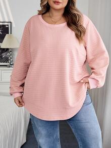 SHEIN CURVE+ 大尺碼女款休閒紋理布料寬鬆連帽衫，秋冬季 2026 22W - 藕粉色 - 查看 8