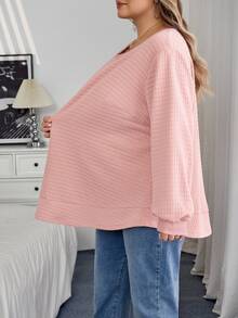 SHEIN CURVE+ 大尺碼女款休閒紋理布料寬鬆連帽衫，秋冬季 2026 22W - 藕粉色 - 查看 3