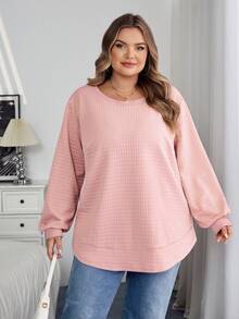 SHEIN CURVE+ 大尺碼女款休閒紋理布料寬鬆連帽衫，秋冬季 2026 22W - 藕粉色 - 查看 4