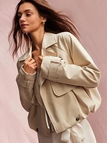 Willow Rêve Women's Beige Relaxed Trench Coat, Tailored Double-Breasted Lapel Belted Solid, Western Boho Romantic Cottagecore Fall Work, Office Casual, Jacket - Khaki - View 1