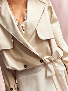 Willow Rêve Women's Beige Relaxed Trench Coat, Tailored Double-Breasted Lapel Belted Solid, Western Boho Romantic Cottagecore Fall Work, Office Casual, Jacket - Khaki - View 9