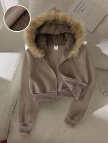 SHEIN Kids Tween Girls Autumn/Winter Striped Tween Girl Collar Hooded Sweatshirt - Coffee Brown - View 2