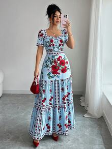 Elenzga 女士法式休闲度假风精致玫瑰花领带荷叶边装饰搭配花瓣袖腰部荷叶边A字连衣裙 - 藍色 - 查看 4