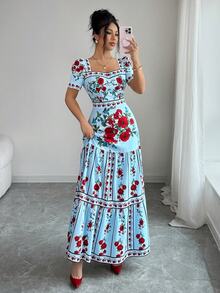 Elenzga 女士法式休闲度假风精致玫瑰花领带荷叶边装饰搭配花瓣袖腰部荷叶边A字连衣裙 - 藍色 - 查看 6