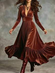 Glimmora Women's Fashion Velvet Long Sleeve Oversized Flare Dress, Autumn/Winter - Red - View 4