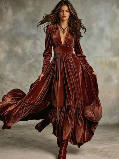 Glimmora Robe évasée surdimensionnée à manches longues en velours pour femmes, automne/hiver