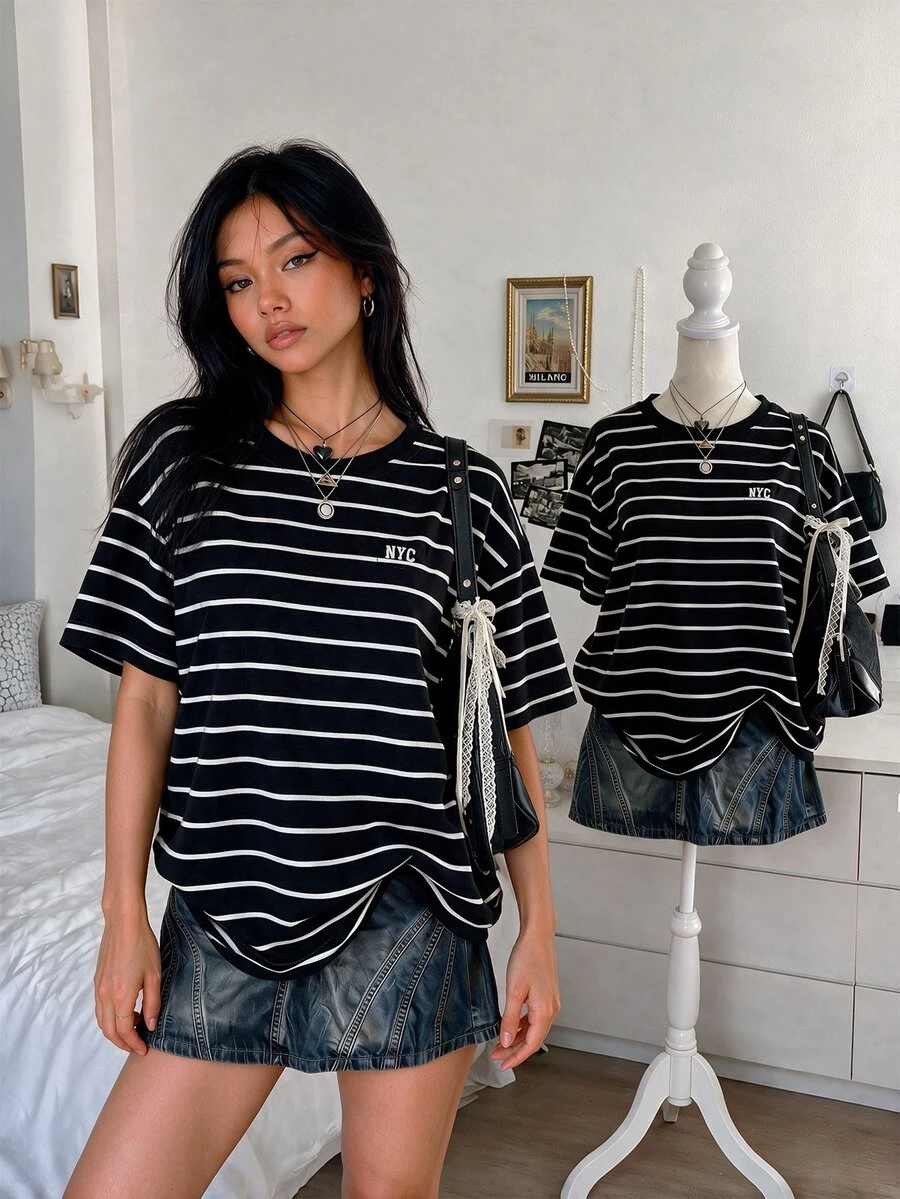 Lalippa Women's Casual Streetwear Loose Black And White Striped Drop Shoulder Top, Summer School - Multicolor - View 1