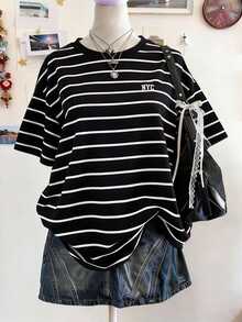 Lalippa Women's Casual Streetwear Loose Black And White Striped Drop Shoulder Top, Summer School - Multicolor - View 3