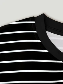 Lalippa Women's Casual Streetwear Loose Black And White Striped Drop Shoulder Top, Summer School - Multicolor - View 4