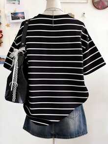Lalippa Women's Casual Streetwear Loose Black And White Striped Drop Shoulder Top, Summer School - Multicolor - View 2