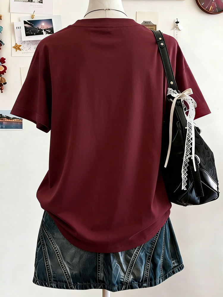 Lalippa Women's Casual Fashion Street Daily Commute Letter & Star Print Short Sleeve Top, Summer - Burgundy - View 2