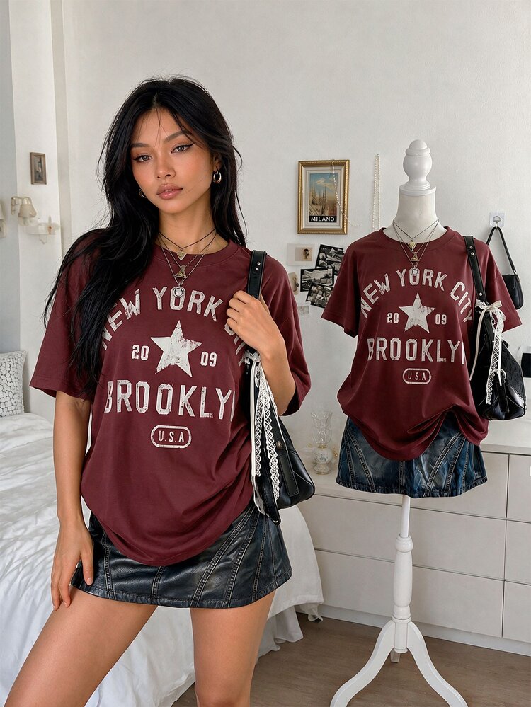 Lalippa Women's Casual Fashion Street Daily Commute Letter & Star Print Short Sleeve Top, Summer - Burgundy - View 1