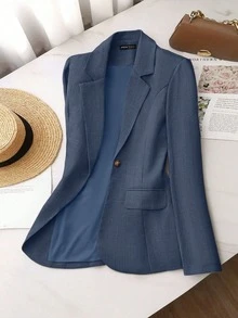 SHEIN 多色编织纹理休闲西装外套，简约时尚，适合夏季 - 藍色 - 查看 5