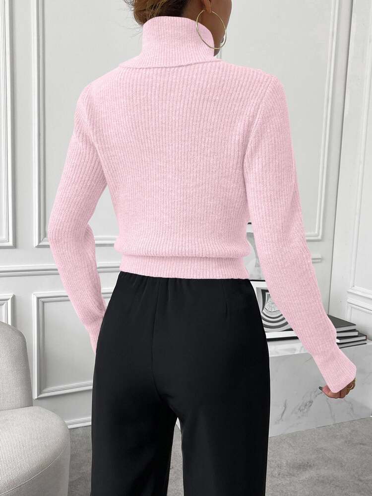 RosyDaze Women's Elegant Baby Pink Turtleneck Sweater Long Sleeve Puff Bell Sleeve Solid Color Winter Casual Top For Date,Occasion Fall Fashion Cloth - Baby Pink - View 3