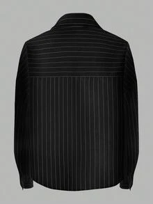 SHEIN 休闲百搭时尚长袖单排扣翻领条纹女式衬衫，随机花卉图案 - 黑與白 - 查看 4