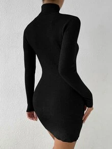 SHEIN Vestido de punto tejido de canalé cuello alto sin cinturón - Negro - Ver 3