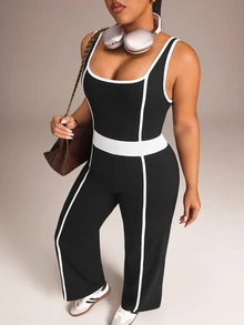 Rhythm Era Jumpsuit Olahraga Kasual Sehari-hari Motif Blok Warna untuk Wanita Ukuran Plus - Hitam - View 5