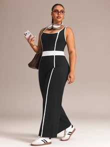 Rhythm Era Jumpsuit Olahraga Kasual Sehari-hari Motif Blok Warna untuk Wanita Ukuran Plus - Hitam - View 1