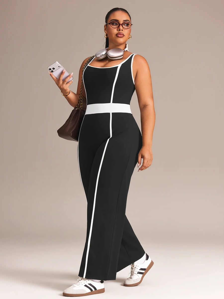Rhythm Era Jumpsuit Olahraga Kasual Sehari-hari Motif Blok Warna untuk Wanita Ukuran Plus - Hitam - View 1