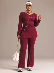 Rhythm Era Women's Plus Size Long Sleeve Fitted Sports Set - Burgundy - View 4