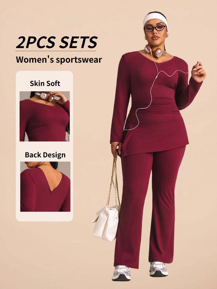 Rhythm Era Women's Plus Size Long Sleeve Fitted Sports Set - Burgundy - View 1