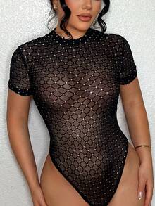 SHEIN SXY 女款菱格紋休閒日常短袖連身衣 - 黑色 - 查看 6