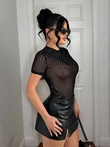 SHEIN SXY 女款菱格紋休閒日常短袖連身衣 - 黑色 - 查看 3