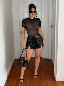 SHEIN SXY 女款菱格紋休閒日常短袖連身衣 - 黑色 - 查看 5