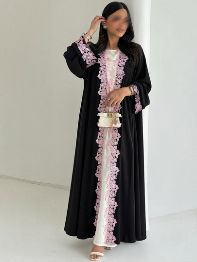Yasveil Women's Black Woven Long Sleeve Pink Water-Soluble Lace Trim Straight Leg Elegant Romantic Arabic Abaya