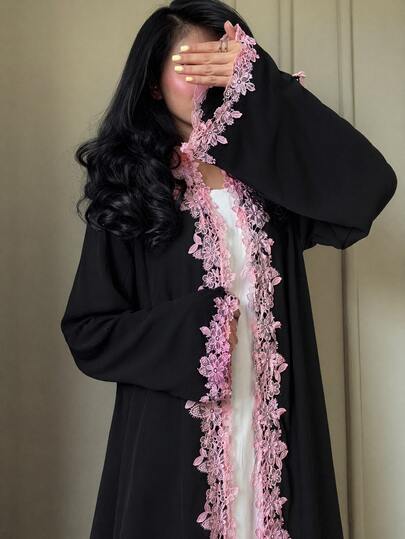 Yasveil Abaya árabe elegante y romántica para , de tejido con manga larga, pierna recta y ribete de encaje rosa soluble en agua