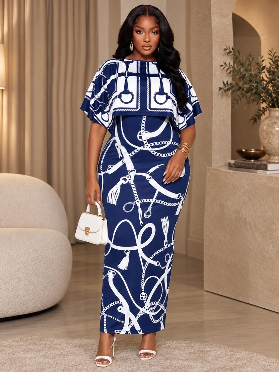 Poshavie Poshavie Gaun Panjang 2 in 1 Premium Bermotif untuk Wanita Ukuran Plus, Cocok untuk Beraktivitas Sehari-hari, Acara Formal, Pembaptisan, dan Tamu, Warna Putih Biru Tua, Elegan untuk Musim Panas - MultiWarna - View 1