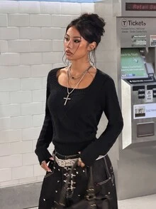 SHEIN HypeZone Minimalist Streetwear Street Style Women's Fall Black V-Neck Cable Knit Long Sleeve Slim Fit Sweater Top Halloween Night Out Going Out - Black - View 4