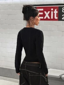 SHEIN HypeZone Minimalist Streetwear Street Style Women's Fall Black V-Neck Cable Knit Long Sleeve Slim Fit Sweater Top Halloween Night Out Going Out - Black - View 2