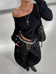 SHEIN HypeZone Minimalist Streetwear Street Style Women's Fall Black V-Neck Cable Knit Long Sleeve Slim Fit Sweater Top Halloween Night Out Going Out - Black - View 5