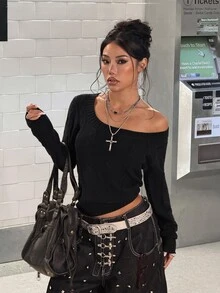 SHEIN HypeZone Minimalist Streetwear Street Style Women's Fall Black V-Neck Cable Knit Long Sleeve Slim Fit Sweater Top Halloween Night Out Going Out - Black - View 1