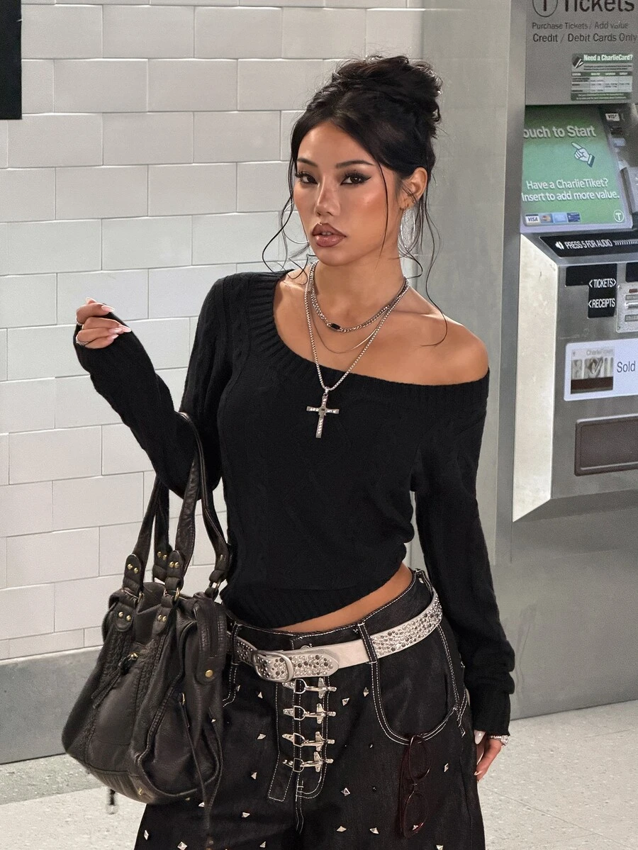 SHEIN HypeZone Minimalist Streetwear Street Style Women's Fall Black V-Neck Cable Knit Long Sleeve Slim Fit Sweater Top Halloween Night Out Going Out - Black - View 1