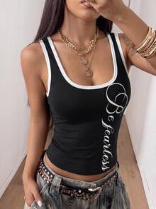 Fiercella Fiercella 女款春夏黑白百搭通勤U領銀色字母印花街頭風性感修身辣妹學院風背心外穿上衣 - 黑與白 - 查看 5