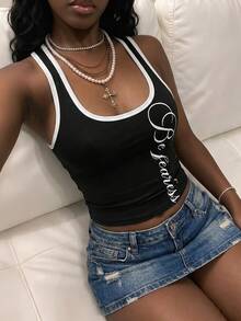 Fiercella Fiercella 女款春夏黑白百搭通勤U領銀色字母印花街頭風性感修身辣妹學院風背心外穿上衣 - 黑與白 - 查看 6