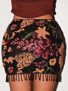 Glamine 黑色重工珠飾刺繡迷你裙，復古花卉圖案，珠飾刺繡設計，奢華視覺感，高腰剪裁，直筒裙長，黑色珠飾流蘇下擺，優雅性感風格，適合晚宴派對、酒吧、聚會、舞台表演、拍照、約會、生日派對、節日慶祝等場合 - 黑色 - 查看 3
