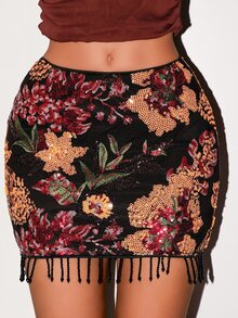 Glamine 黑色重工珠飾刺繡迷你裙，復古花卉圖案，珠飾刺繡設計，奢華視覺感，高腰剪裁，直筒裙長，黑色珠飾流蘇下擺，優雅性感風格，適合晚宴派對、酒吧、聚會、舞台表演、拍照、約會、生日派對、節日慶祝等場合 - 黑色 - 查看 4