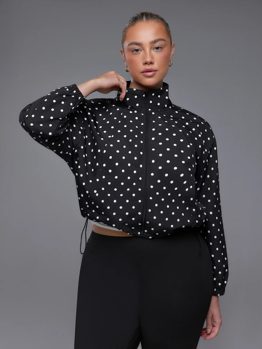 Voyena Women's Plus Size Polka Dot Pattern Long Sleeve Sports Jacket Autumn Workout Black And White Active Alternative Kawaii - Black - View 1