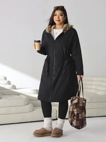 Solflare Jaket Berkerudung Hitam Ukuran Plus Musim Gugur/Dingin Terbaru, Panjang Sedang, Pinggang Dapat Diatur, Kerah Bulu, Lapisan Dalam Kontras Lembut Warna Beige untuk Acara Jalan-jalan, Kencan, Sekolah - Hitam - View 4