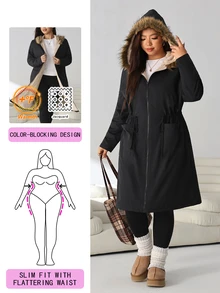 Solflare Jaket Berkerudung Hitam Ukuran Plus Musim Gugur/Dingin Terbaru, Panjang Sedang, Pinggang Dapat Diatur, Kerah Bulu, Lapisan Dalam Kontras Lembut Warna Beige untuk Acara Jalan-jalan, Kencan, Sekolah - Hitam - View 8