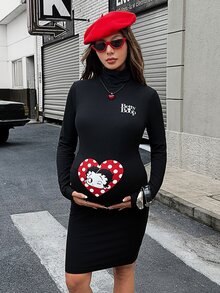 Lyckli Betty Boop x SHEIN Maternity Letter & Heart Print High Neck Long Sleeve Fitted Casual Dress Fall - Black - View 6
