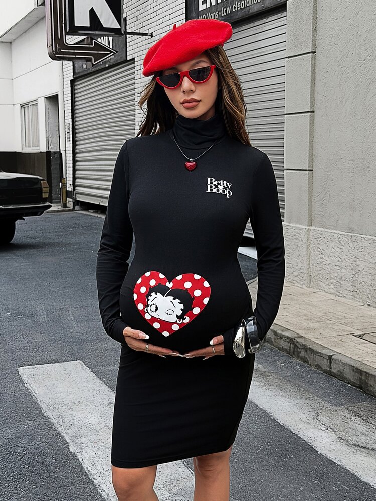 Lyckli Betty Boop x SHEIN 孕婦字母與愛心印花高領長袖修身休閒洋裝 秋季 - 黑色 - 查看 6