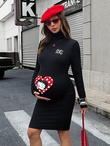 Lyckli Betty Boop x SHEIN Maternity Letter & Heart Print High Neck Long Sleeve Fitted Casual Dress Fall - Black - View 5