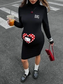 Lyckli Betty Boop x SHEIN Maternity Letter & Heart Print High Neck Long Sleeve Fitted Casual Dress Fall - Black - View 1