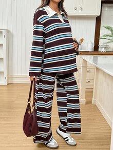SHEIN Maternity Striped Collared Long Sleeve T-Shirt Pants Casual Elegant Baggy 2 Pieces Set Autumn Fall Formal Photoshoot Home Wear Stripe Brown - Multicolor - View 5